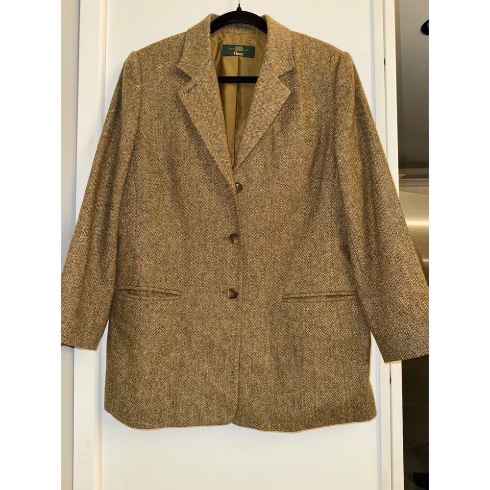 Orvis Women Tan Brown Herringbone Wool Silk Blend Blazer Jacket Leather Trim 12
